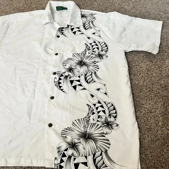 Makani Hawaii Shirt Mens Large White B&W Floral Microfiber Hawaiian Aloha Tribal - Picture 6 of 9